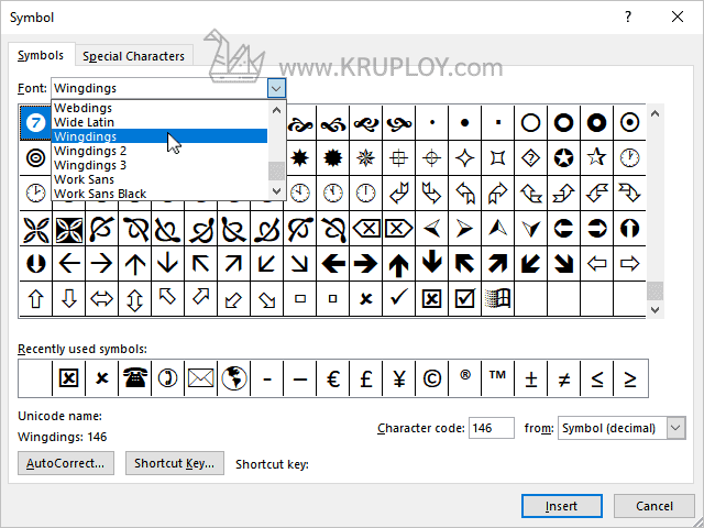 เลือกฟอนต์ Wingdings